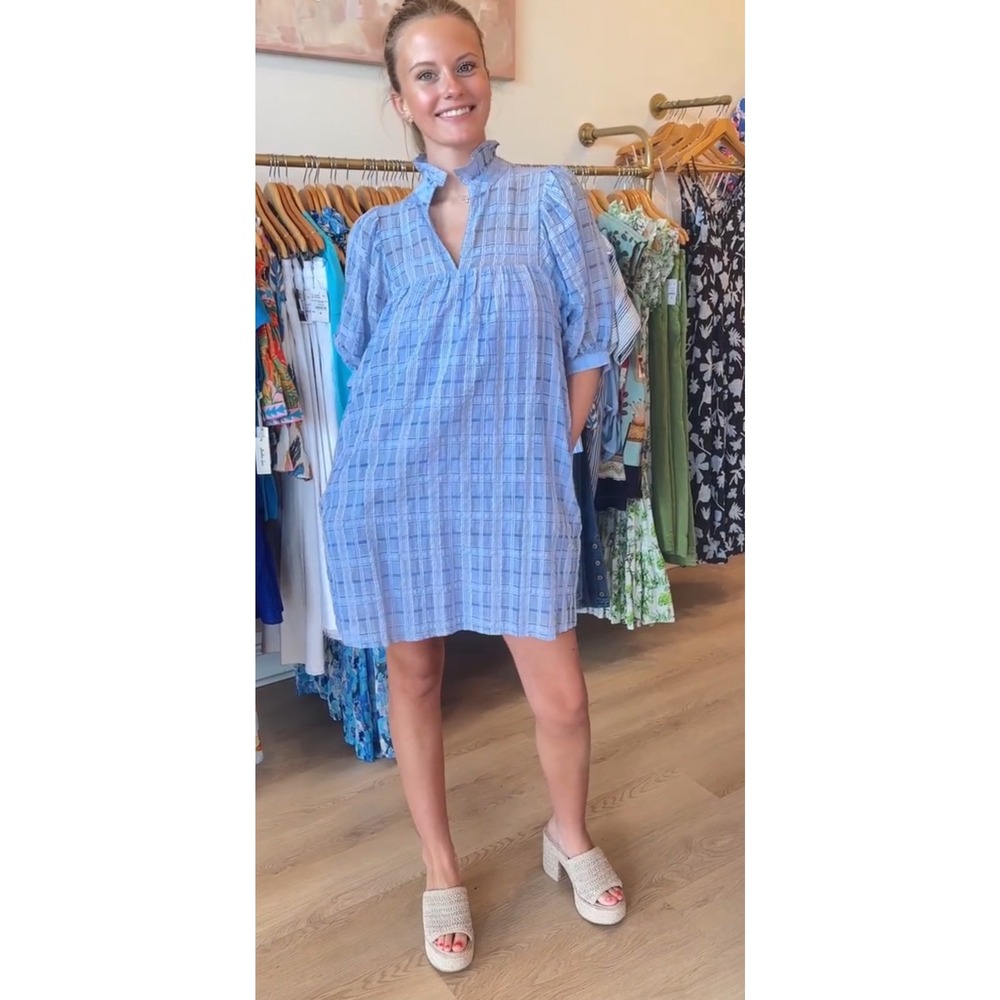 Jade Melody Tam Blue Plaid Ruffle Neck Puff Sleeve Babydoll Mini Dress Small